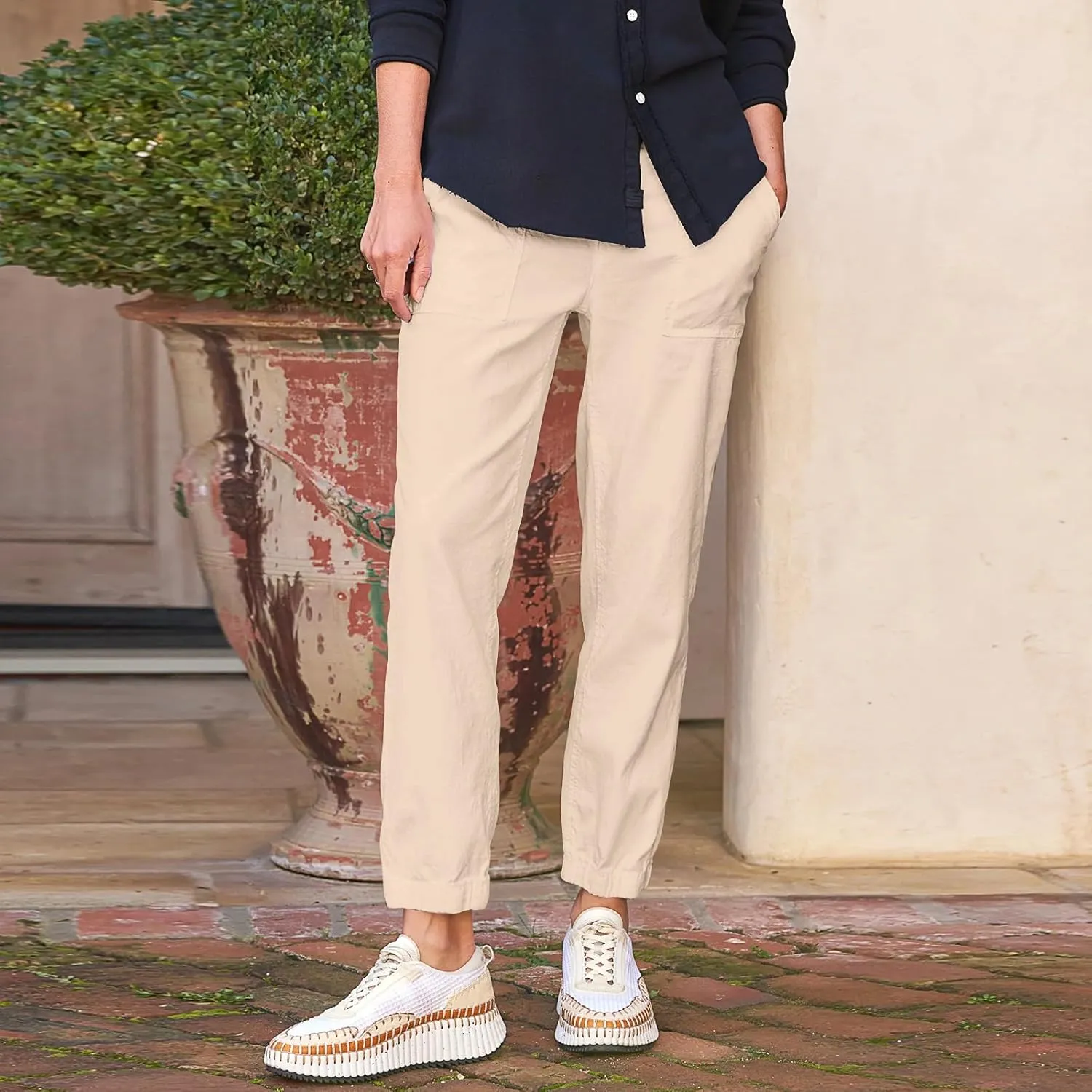 Women Linen Joggers Casual Cropped Linen Pants High Waisted Tapered Leg Jogger with Pockets Ankle Length Chino Pants