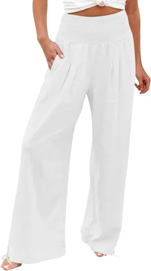 Women Linen Palazzo Pants Summer Wide Leg High Waist Casual Slacks Boho Beach Travel Plus Size Trousers with Pockets