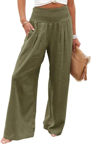 Women Linen Pants Elastic High Waist Wide Leg Palazzo Pants Summer Casual Loose Beach Pants Trousers with Pocket