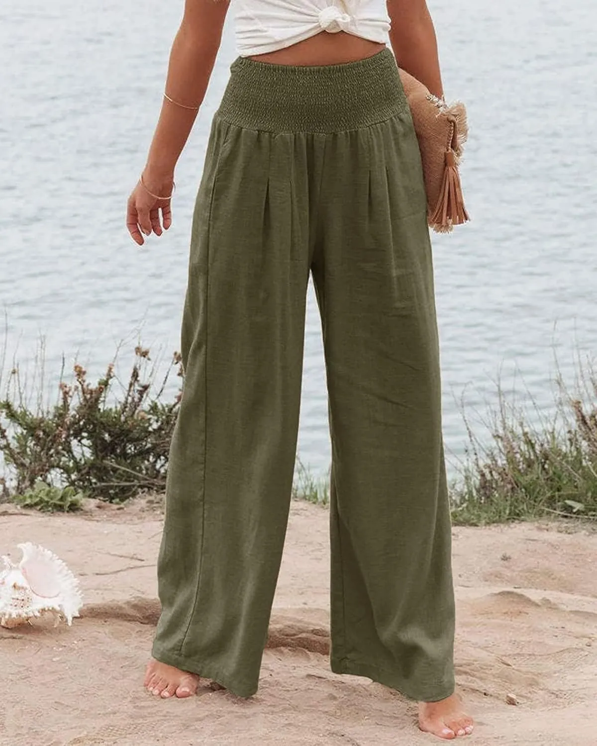 Women Linen Pants Elastic High Waist Wide Leg Palazzo Pants Summer Casual Loose Beach Pants Trousers with Pocket