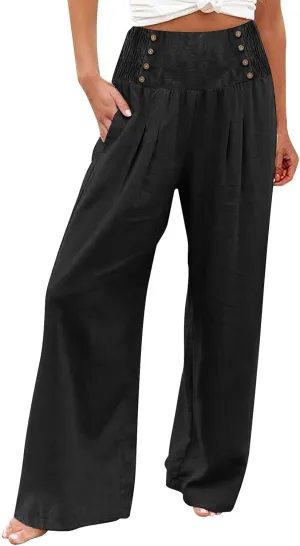 Women Linen Pants Palazzo Wide Leg Elastic High Waist Flowy Trousers Casual Loose Beach Travel Lounge Summer Pants