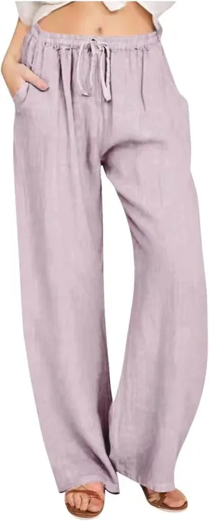 Women Linen Pants Summer Wide Leg Casual Loose Drawstring High Waist Palazzo Pants Trousers with Pockets Women's