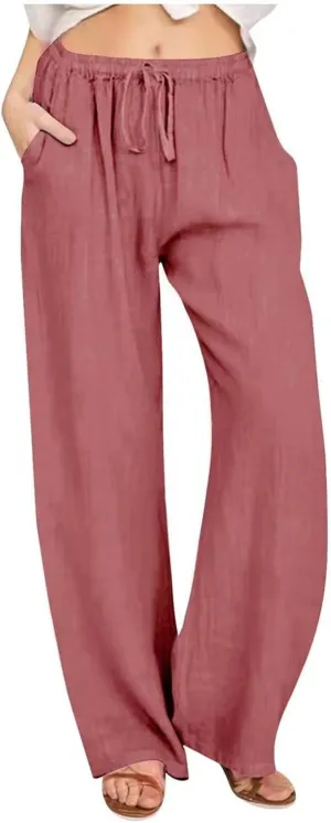 Women Linen Pants Summer Wide Leg Casual Loose Drawstring High Waist Palazzo Pants Trousers with Pockets Women's