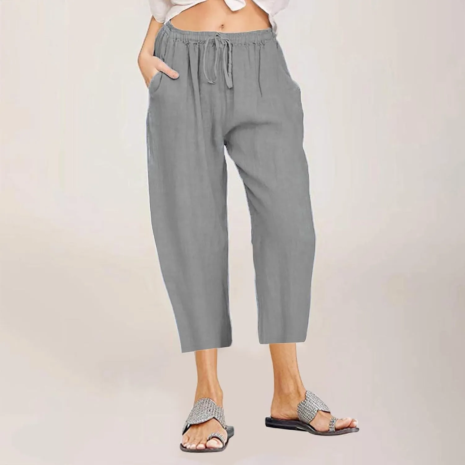 Women Linen Summer Boho Palazzo Pants Low Waist Ankle Length Slim-Fit Pant Trousers Vacation