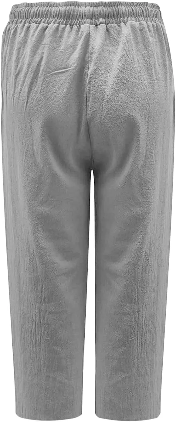 Women Linen Summer Boho Palazzo Pants Low Waist Ankle Length Slim-Fit Pant Trousers Vacation