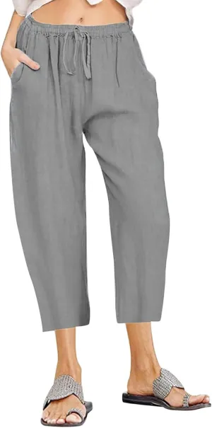 Women Linen Summer Boho Palazzo Pants Low Waist Ankle Length Slim-Fit Pant Trousers Vacation