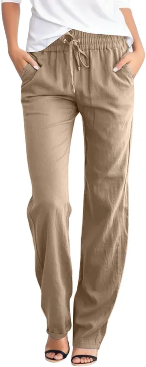 Women Linen Summer Boho Pants High Waist Long Lounge Slim-Fit Pants Business Work