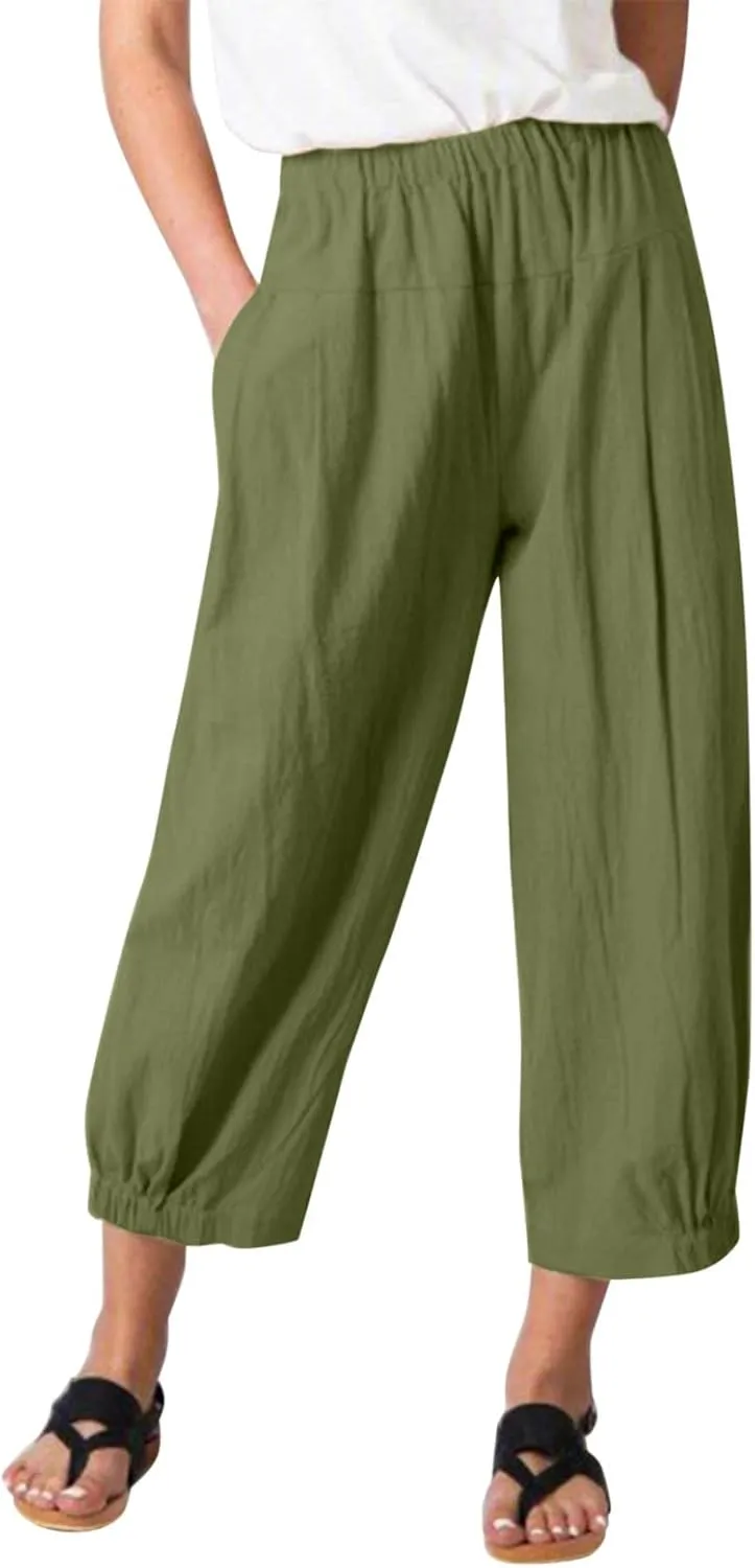 Women Linen Summer Drawstring Pant Trousers Low Waist Wide Leg Slim Fit Trousers Office
