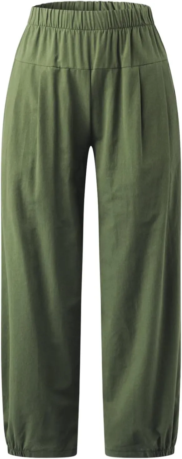 Women Linen Summer Drawstring Pant Trousers Low Waist Wide Leg Slim Fit Trousers Office