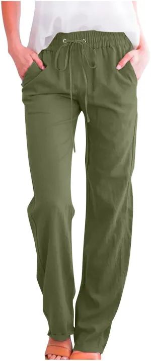 Women Linen Summer Letter Patched Pant Trousers High Waist Stretchy Straight Slim-Fit Palazzo Pants Business Work