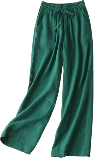 Women Linen Summer Lightweigt Palazzo Pants Elastic Waist Ankle Length Loose Fit Palazzo Pants Business Work