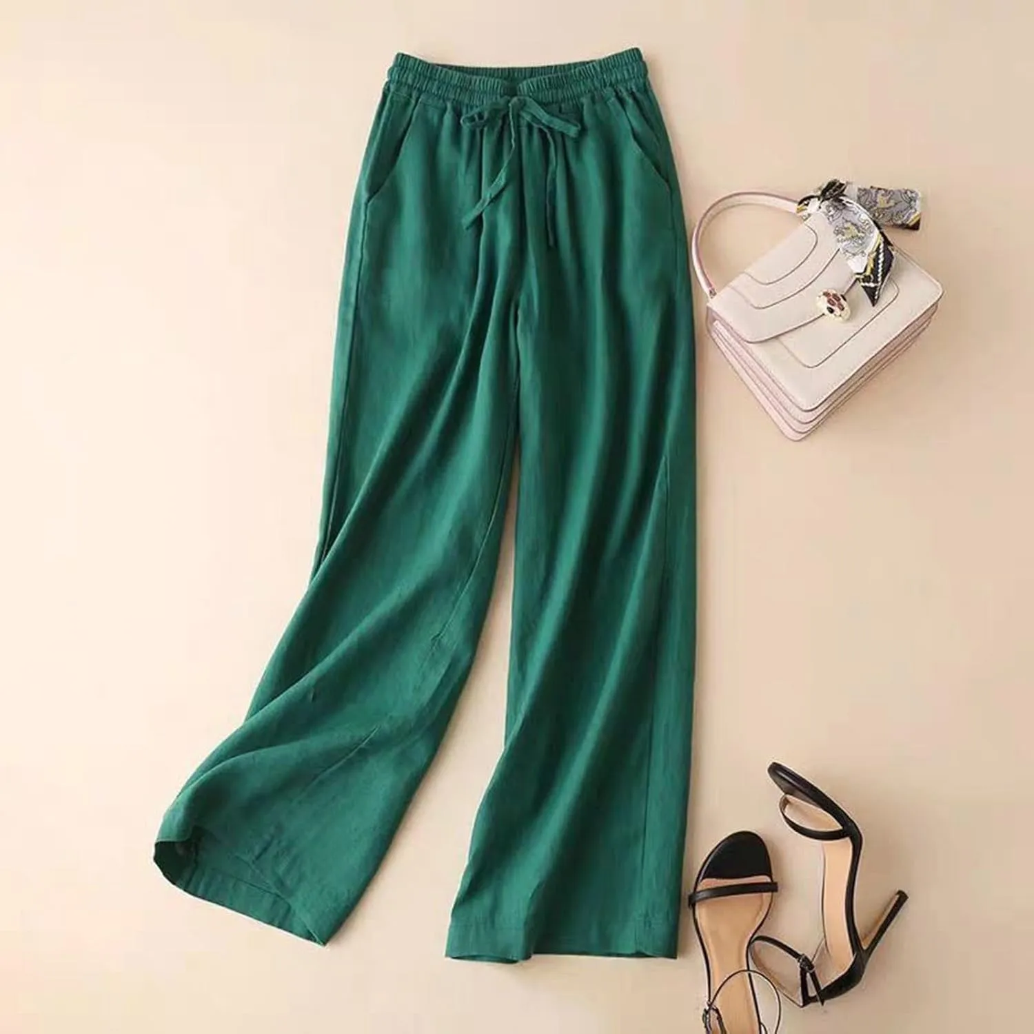 Women Linen Summer Lightweigt Palazzo Pants Elastic Waist Ankle Length Loose Fit Palazzo Pants Business Work