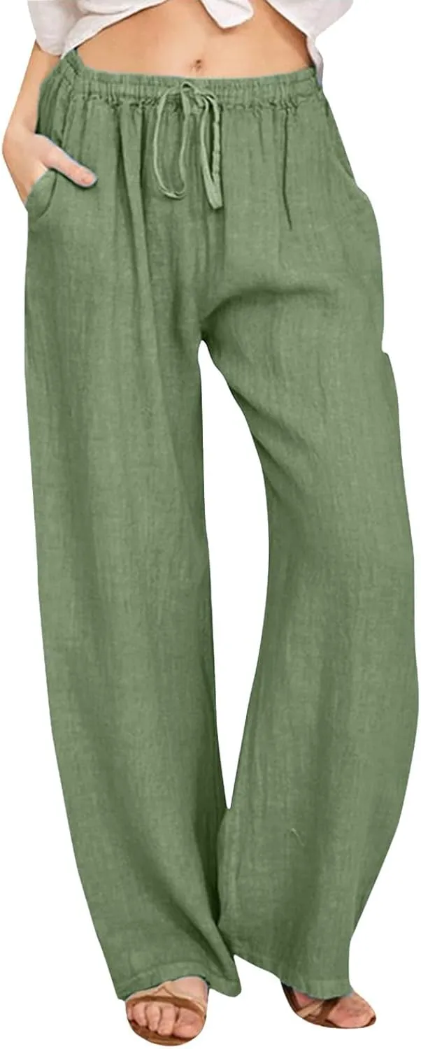 Women Linen Summer Loose Flowy Pants Low Waist Bootcut Slim-Fit Palazzo Lounge Pants Travel