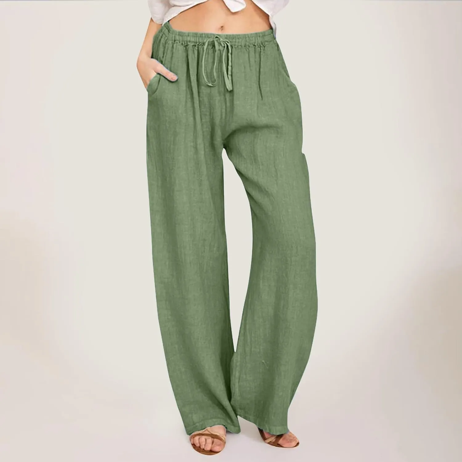 Women Linen Summer Loose Flowy Pants Low Waist Bootcut Slim-Fit Palazzo Lounge Pants Travel