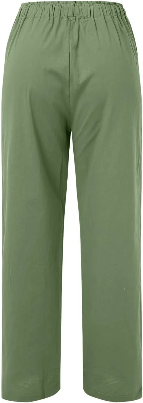 Women Linen Summer Loose Flowy Pants Low Waist Bootcut Slim-Fit Palazzo Lounge Pants Travel