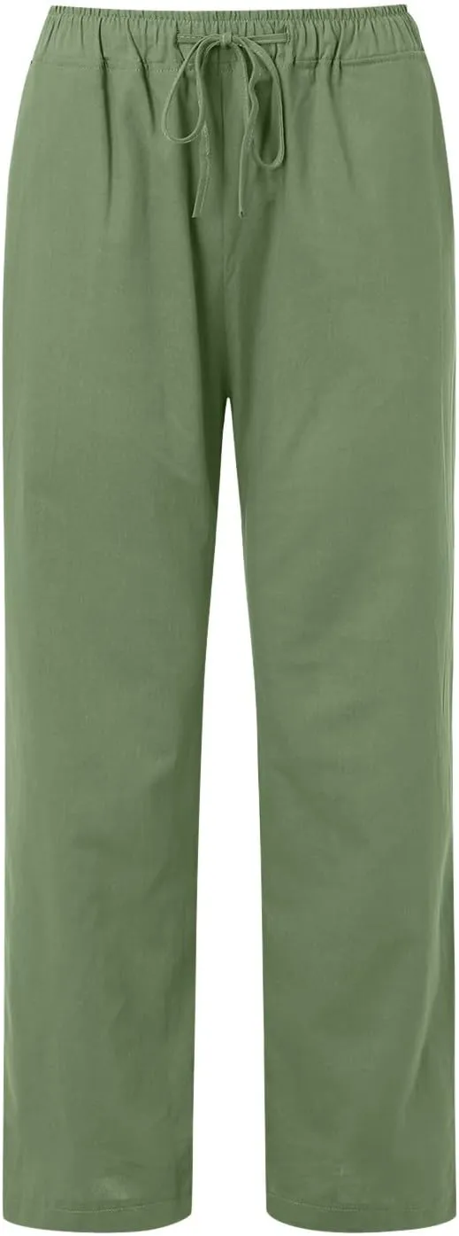 Women Linen Summer Loose Flowy Pants Low Waist Bootcut Slim-Fit Palazzo Lounge Pants Travel