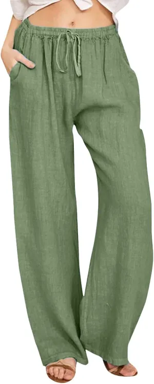 Women Linen Summer Loose Flowy Pants Low Waist Bootcut Slim-Fit Palazzo Lounge Pants Travel