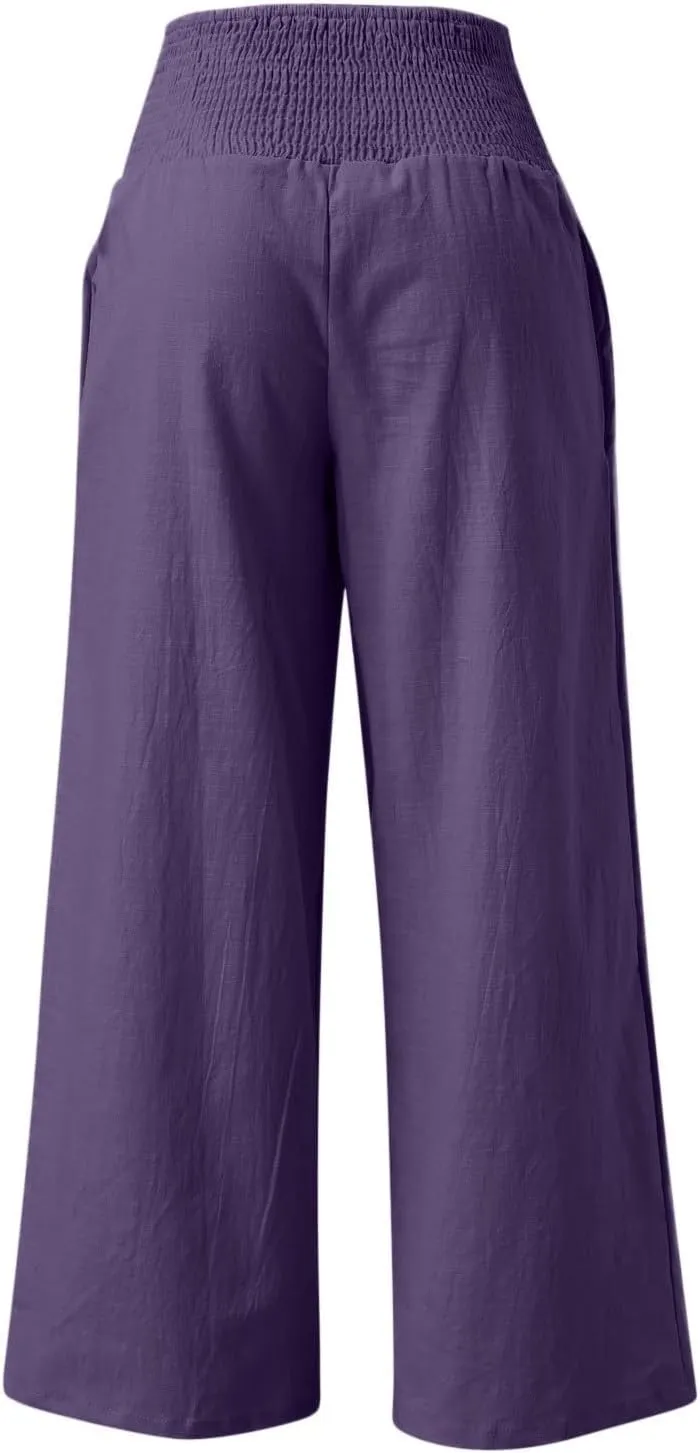 Women Linen Summer Striped Palazzo Pants High Waist Ankle Length Slim Fit Palazzo Pants Beach