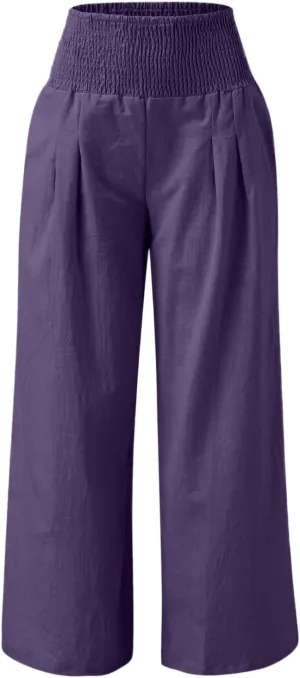 Women Linen Summer Striped Palazzo Pants High Waist Ankle Length Slim Fit Palazzo Pants Beach