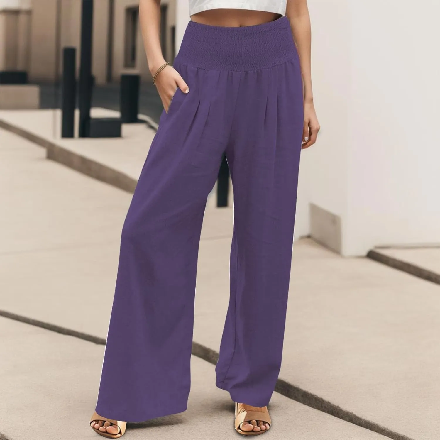 Women Linen Summer Striped Palazzo Pants High Waist Ankle Length Slim Fit Palazzo Pants Beach