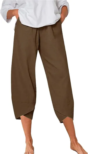 Women Linen Summer Y2K Fashion Palazzo Lounge Pants Elastic Waist Stretchy Loose Fit Trouser Business Work
