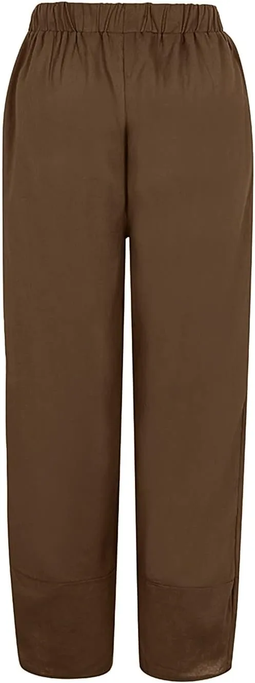 Women Linen Summer Y2K Fashion Palazzo Lounge Pants Elastic Waist Stretchy Loose Fit Trouser Business Work