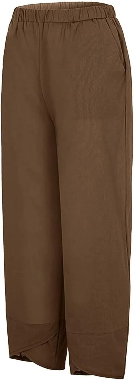 Women Linen Summer Y2K Fashion Palazzo Lounge Pants Elastic Waist Stretchy Loose Fit Trouser Business Work