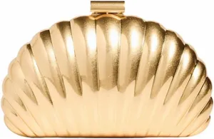 Women Metal Evening Bag Shell Shape Clutch Purse Sparkly Metallic Crossbody Bag Unique Wedding Party Handbag