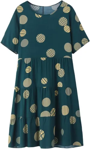 Women O Neck Short Sleeve Polka Dot Print Casual Midi Dress Loose Sundress Plus Size 4XL-XL