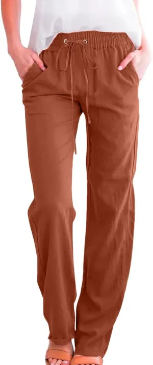 Women Pants Casual Work Wide Leg Linen Pants High Waist Drawstring Summer Trouser with Pocket Beach Palazzo Pants