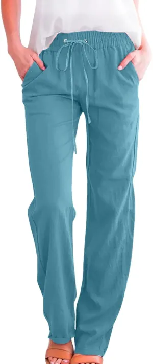 Women Pants Casual Work Wide Leg Linen Pants High Waist Drawstring Summer Trouser with Pocket Beach Palazzo Pants