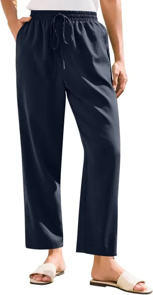 Women Straight Leg Pants Elastic Drawstring Trousers with Pockets 2025 Summer Casual Cotton Linen Beach Lounge Clothes
