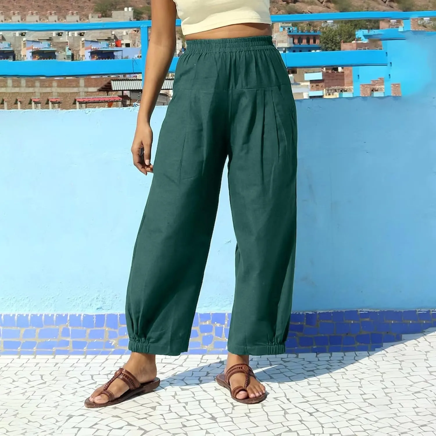 Women Summer High Waisted Haren Pant Trendy Casual Cotton Linen Pants Wide Leg Long Lounge Trouser with Pockets Outfit