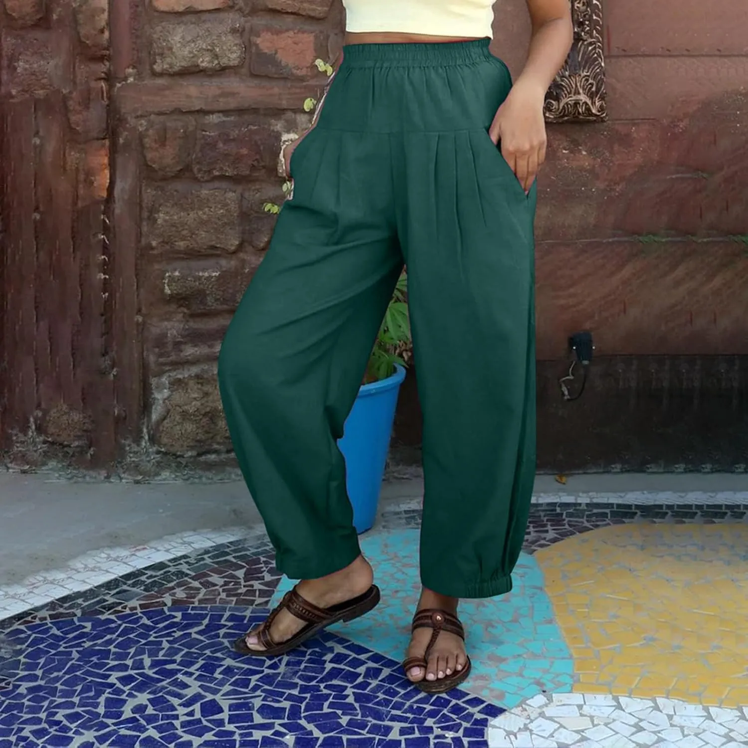 Women Summer High Waisted Haren Pant Trendy Casual Cotton Linen Pants Wide Leg Long Lounge Trouser with Pockets Outfit