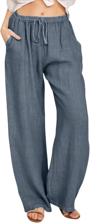 Women Summer High Waisted Linen Palazzo Pants Straight Leg Wide Leg Pant Drawstring Trousers with Pocket