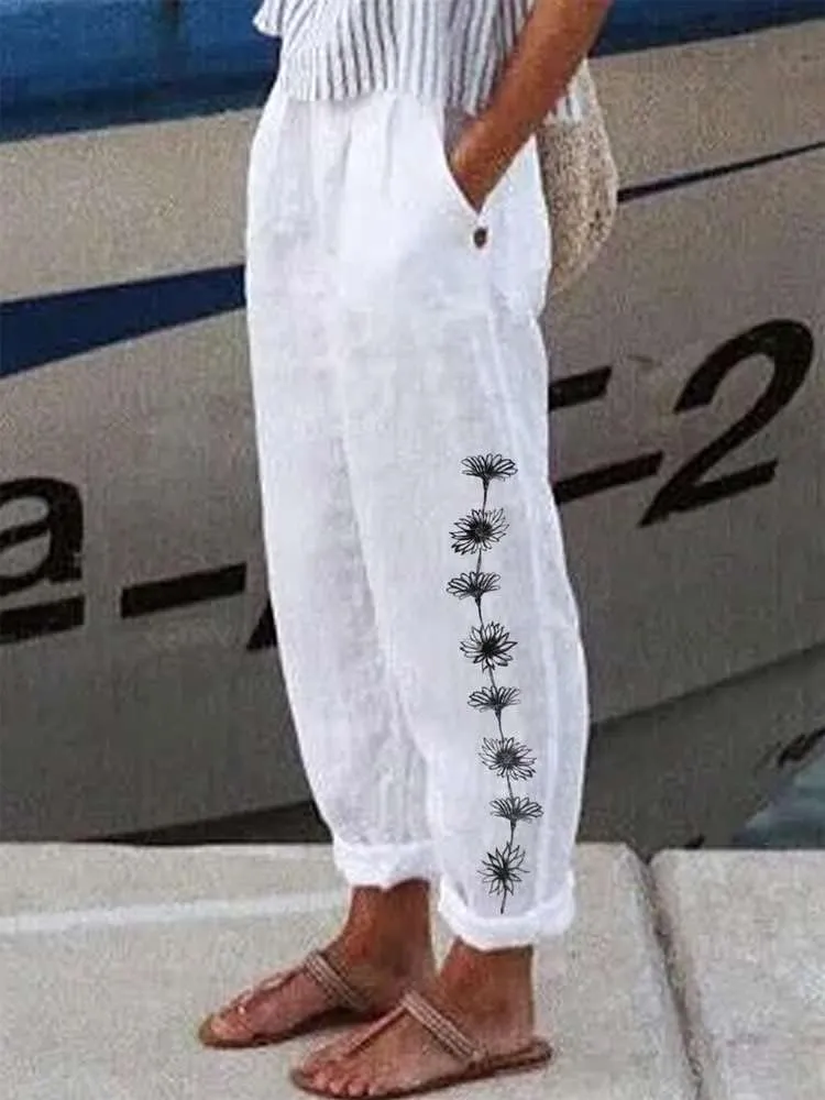 Women's Boho Floral Cotton Linen Casual Pants Summer High Waisted Baggy Beach Trousers with Pockets Plus Size