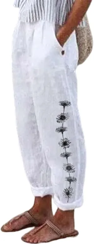 Women's Boho Floral Cotton Linen Casual Pants Summer High Waisted Baggy Beach Trousers with Pockets Plus Size