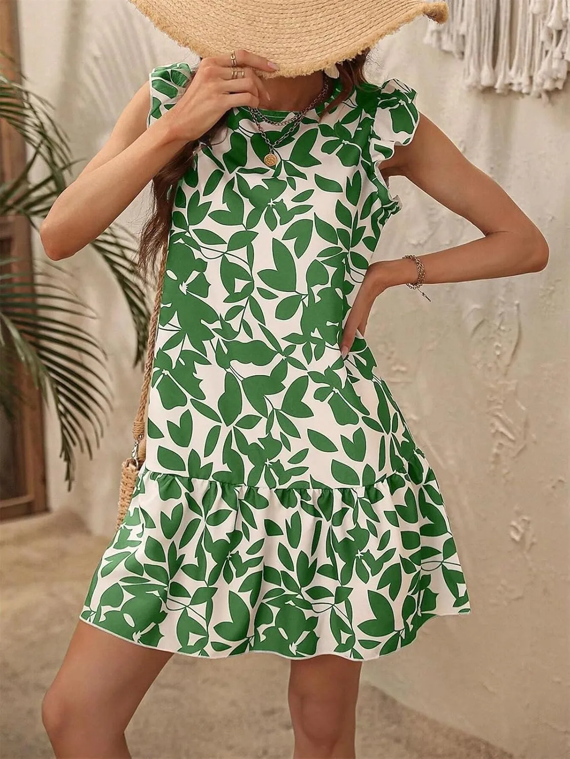 Women's Boho Tropical Print Dress Casual Summer Sleeveless Ruffle Midi Beach Vacation Sundress