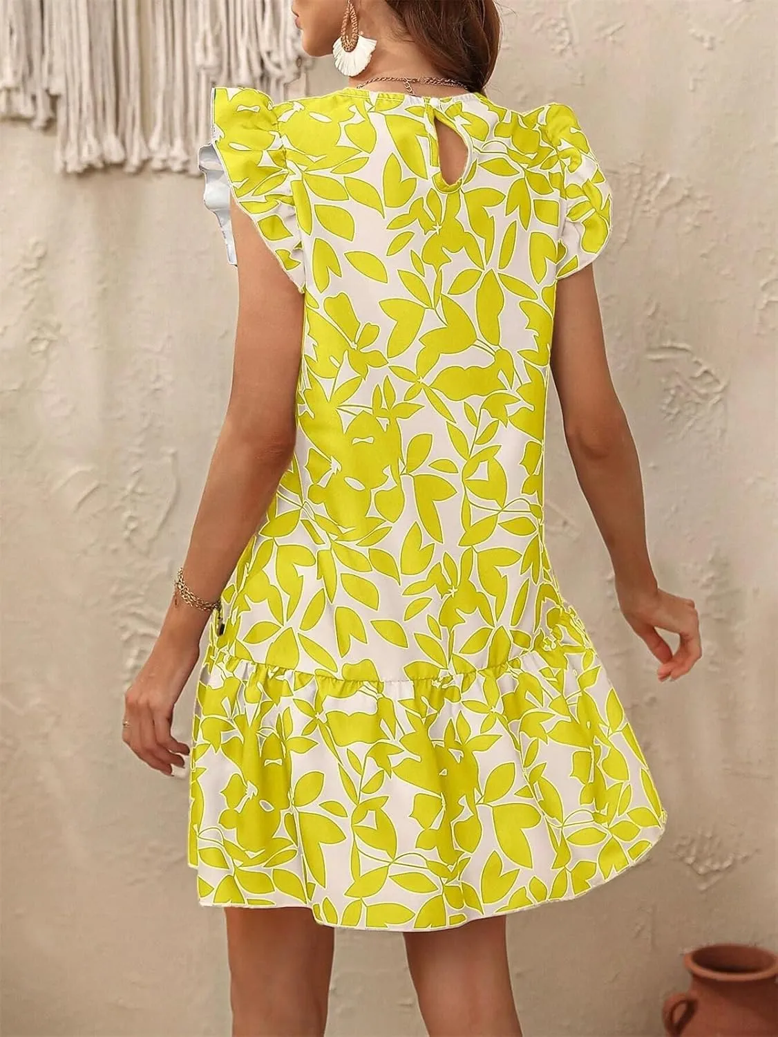 Women's Boho Tropical Print Dress Casual Summer Sleeveless Ruffle Midi Beach Vacation Sundress