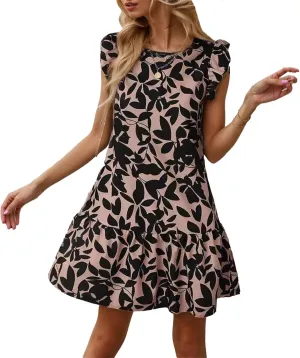 Women's Boho Tropical Print Dress Casual Summer Sleeveless Ruffle Midi Beach Vacation Sundress