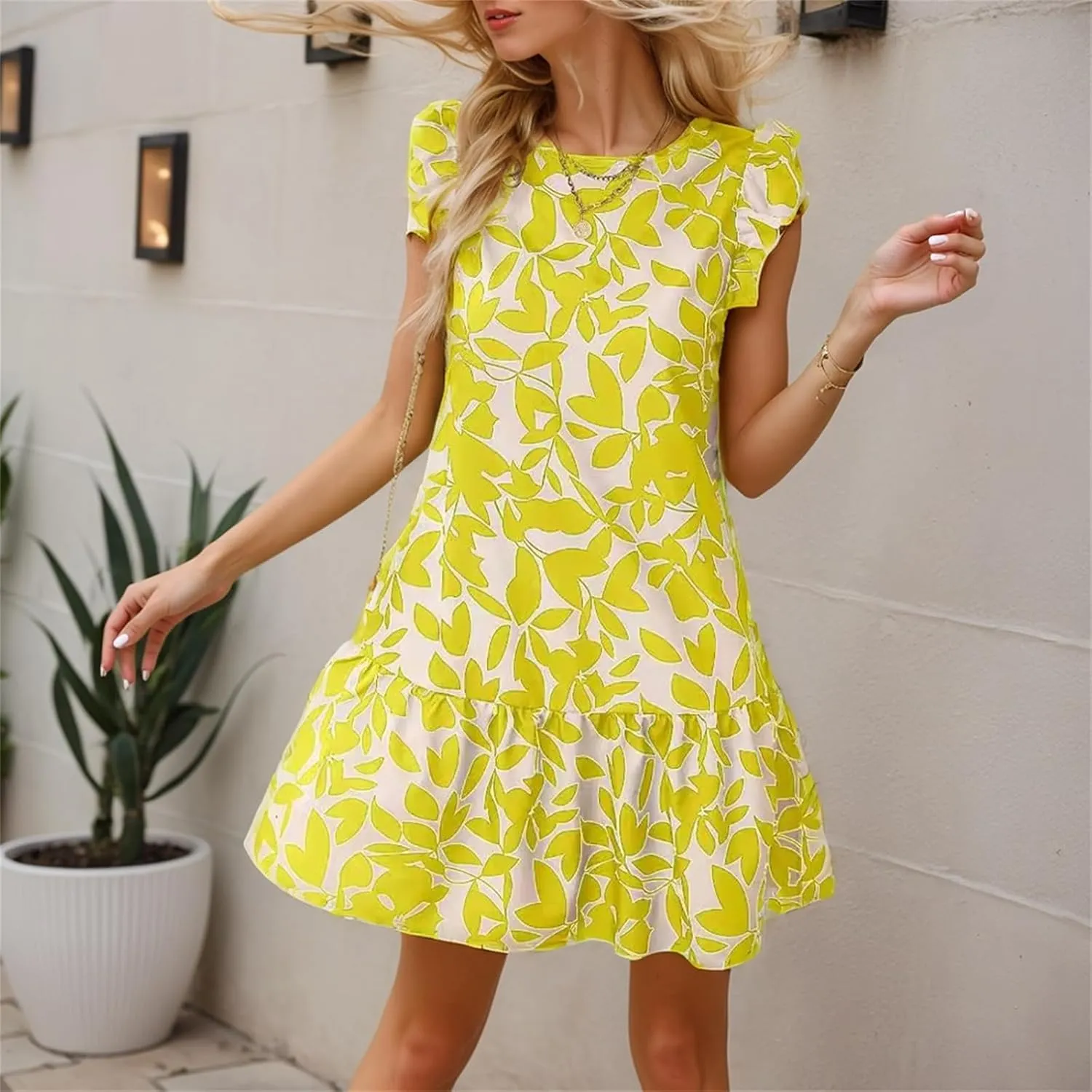 Women's Boho Tropical Print Dress Casual Summer Sleeveless Ruffle Midi Beach Vacation Sundress