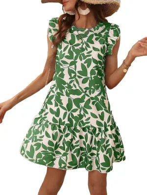 Women's Boho Tropical Print Dress Casual Summer Sleeveless Ruffle Midi Beach Vacation Sundress