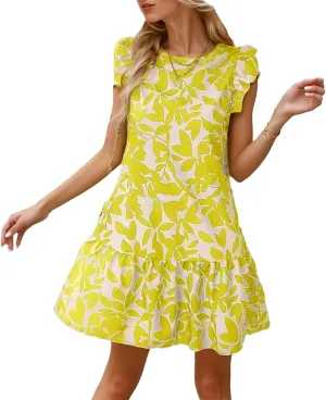 Women's Boho Tropical Print Dress Casual Summer Sleeveless Ruffle Midi Beach Vacation Sundress