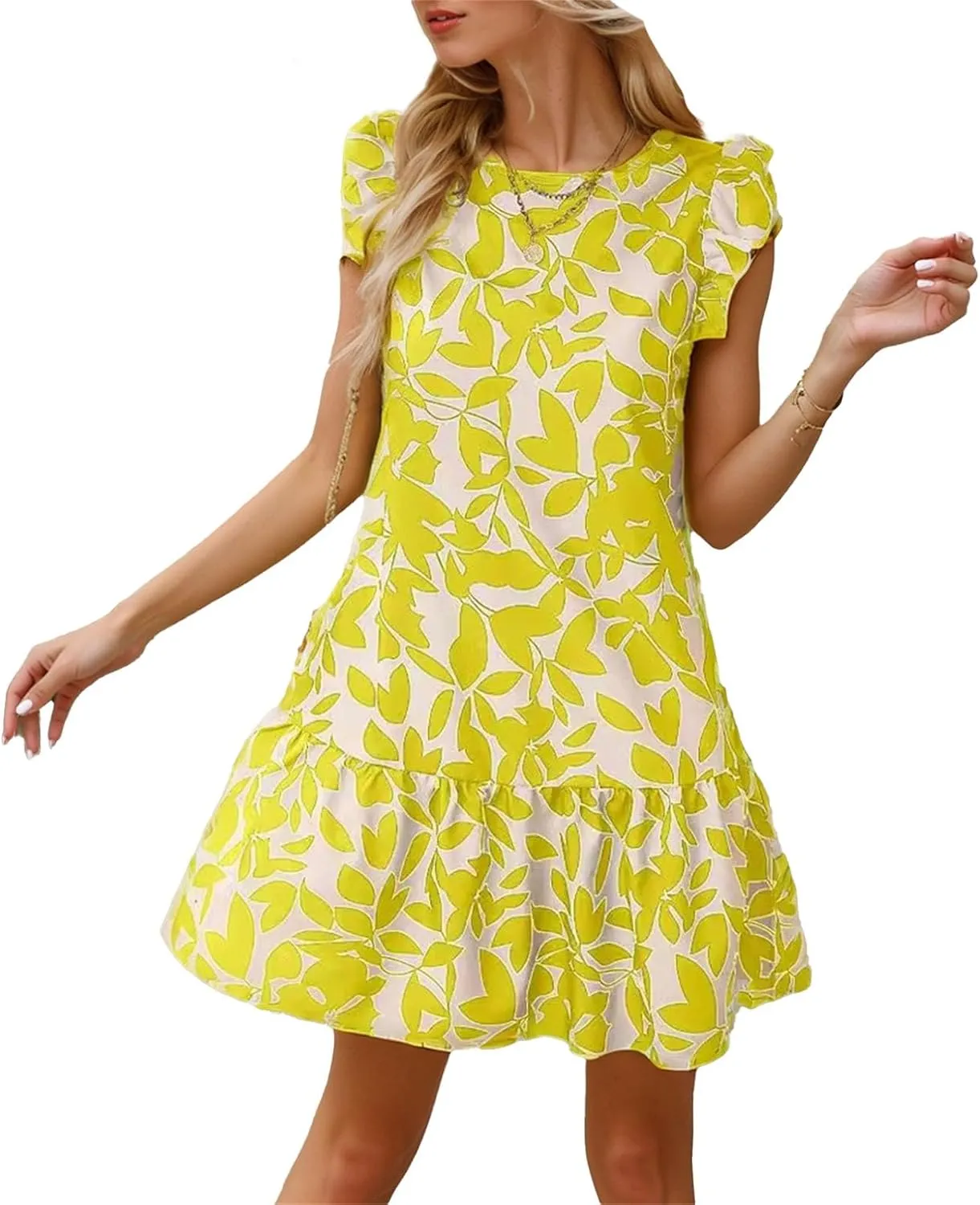 Women's Boho Tropical Print Dress Casual Summer Sleeveless Ruffle Midi Beach Vacation Sundress