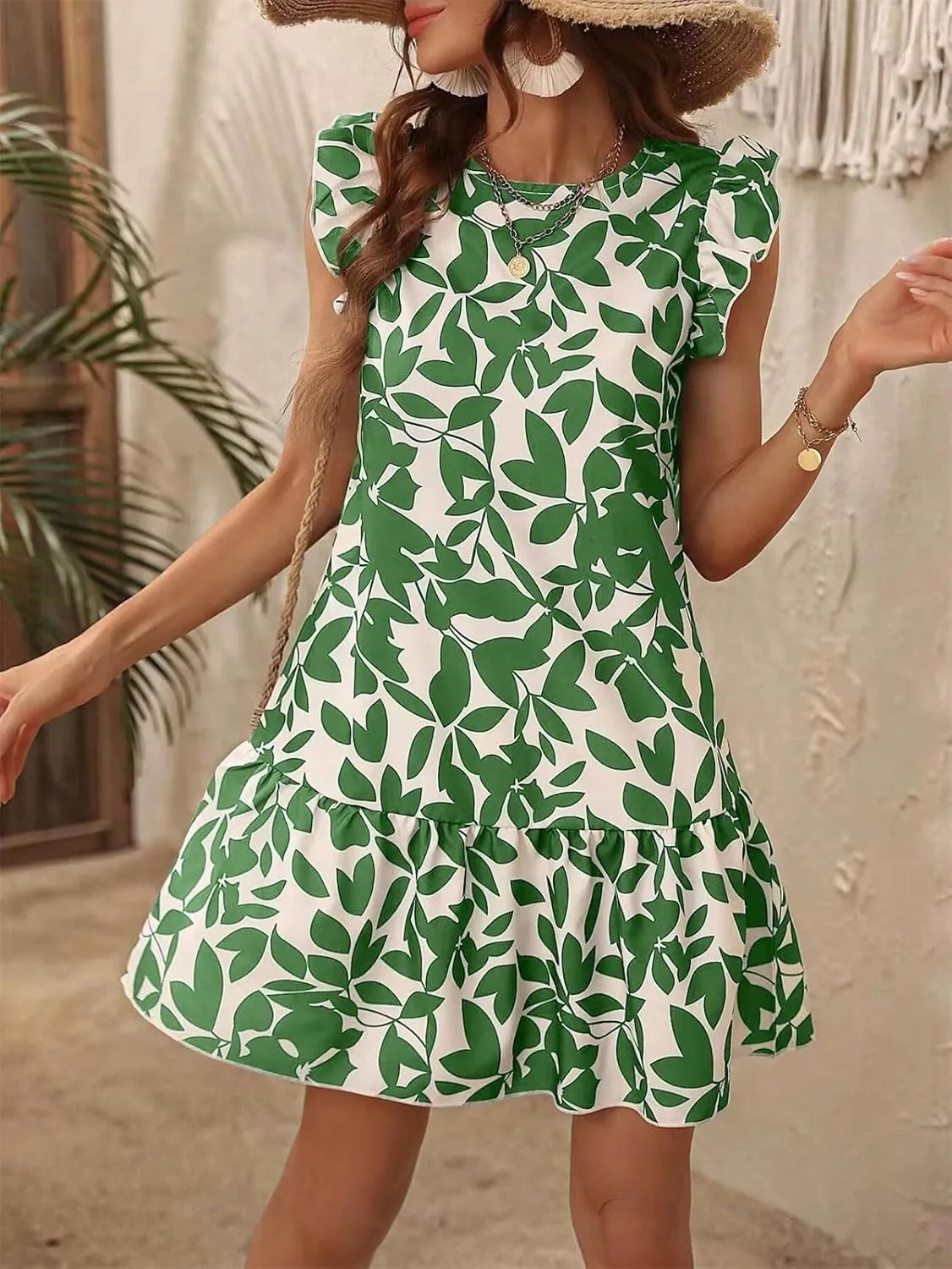 Women's Boho Tropical Print Dress Casual Summer Sleeveless Ruffle Midi Beach Vacation Sundress