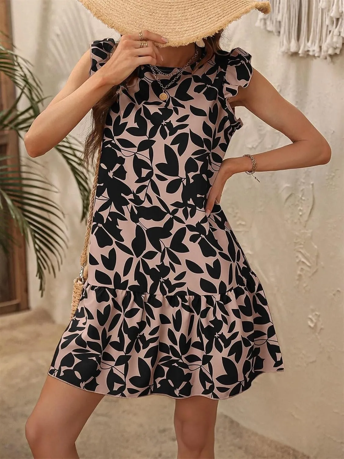 Women's Boho Tropical Print Dress Casual Summer Sleeveless Ruffle Midi Beach Vacation Sundress