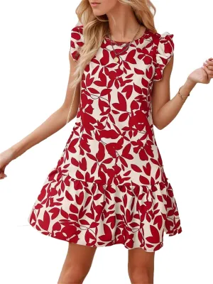 Women's Boho Tropical Print Dress Casual Summer Sleeveless Ruffle Midi Beach Vacation Sundress