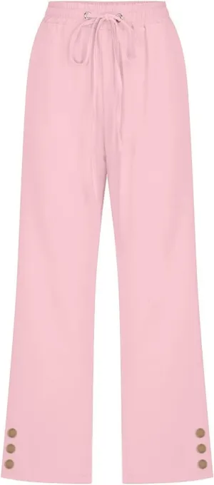 Womens Capris Pants High Waist Drawstring Comfy Casual Pants Lightweight Loose Trousers Buttons Trim with Pockets