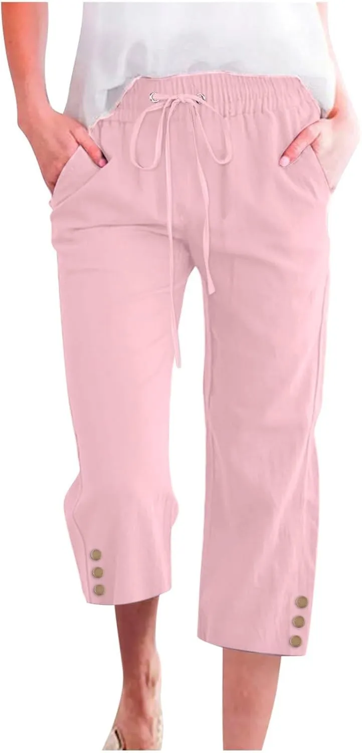 Womens Capris Pants High Waist Drawstring Comfy Casual Pants Lightweight Loose Trousers Buttons Trim with Pockets