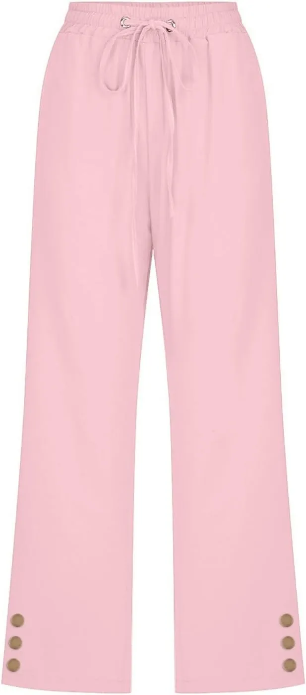 Womens Capris Pants High Waist Drawstring Comfy Casual Pants Lightweight Loose Trousers Buttons Trim with Pockets